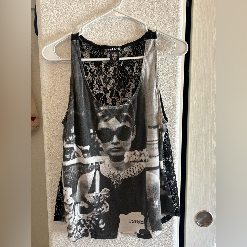 Wet Seal Black and Gray Audrey Hepburn Lace-Back Tank